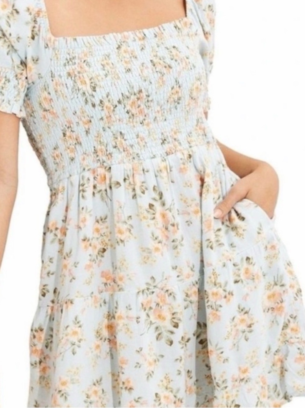 American Eagle Smocked Puff Sleeve Floral  Dress - Light Blue and Peach